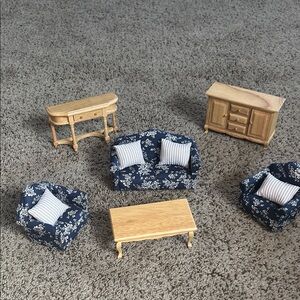 Floral Blue and Wooden Miniature Sofa Set